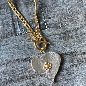 NEW Silver & Gold Heart Pendant Toggle Necklace